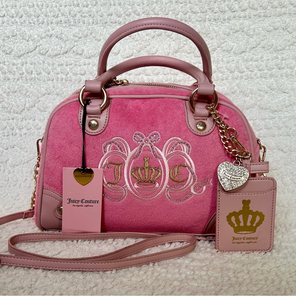 Juicy Couture Pink Diamond Terry Juicy Lover’s Club Bowler Bag w Crossbody Strap